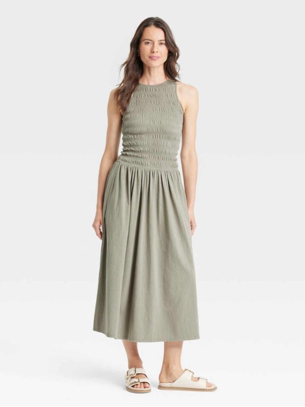 Universal Thread Smocked Maxi Drop Waist A-Line Pocket Dress Olive Green XS